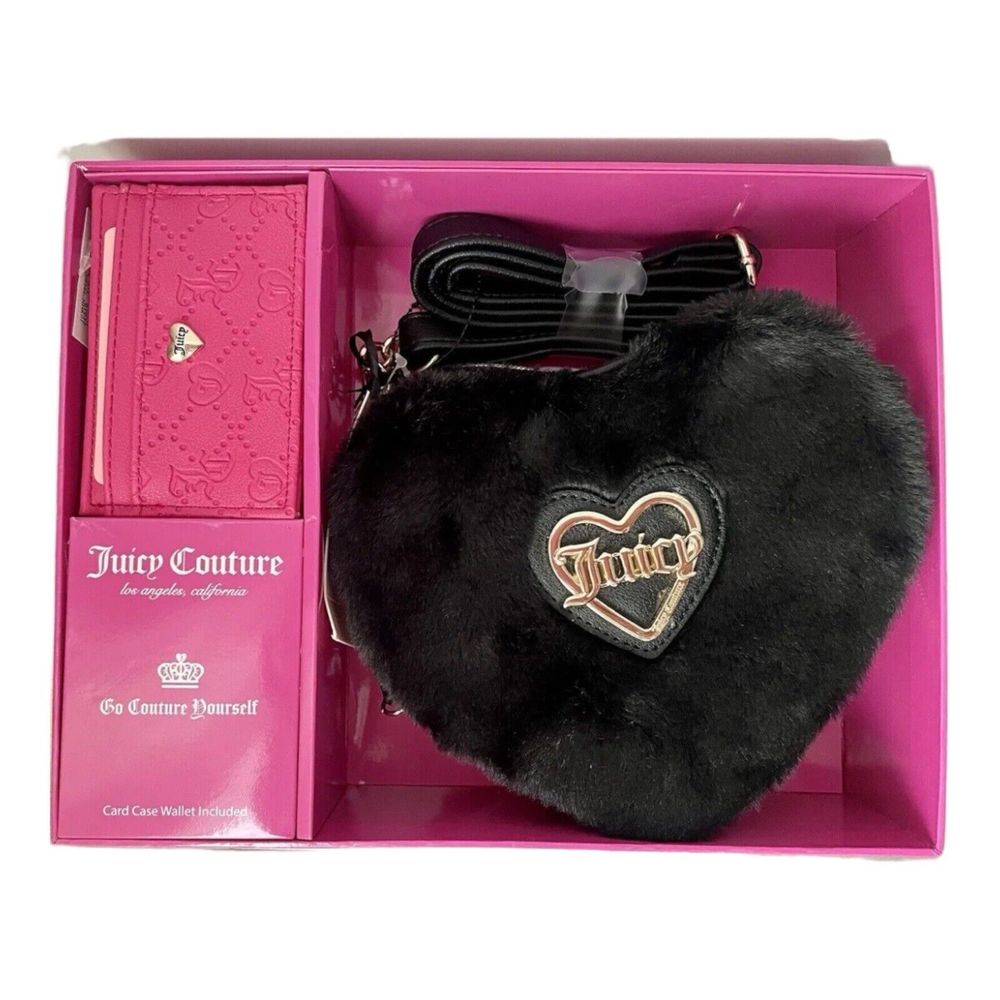 Juicy Couture Licorice Black Faux Fur Heart Crossbody & Card Case NWT